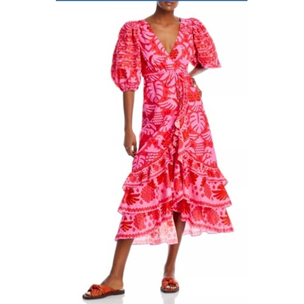 Farm Rio Jungle Scarf Pink Wrap Midi Dress Puff Sleeve Small